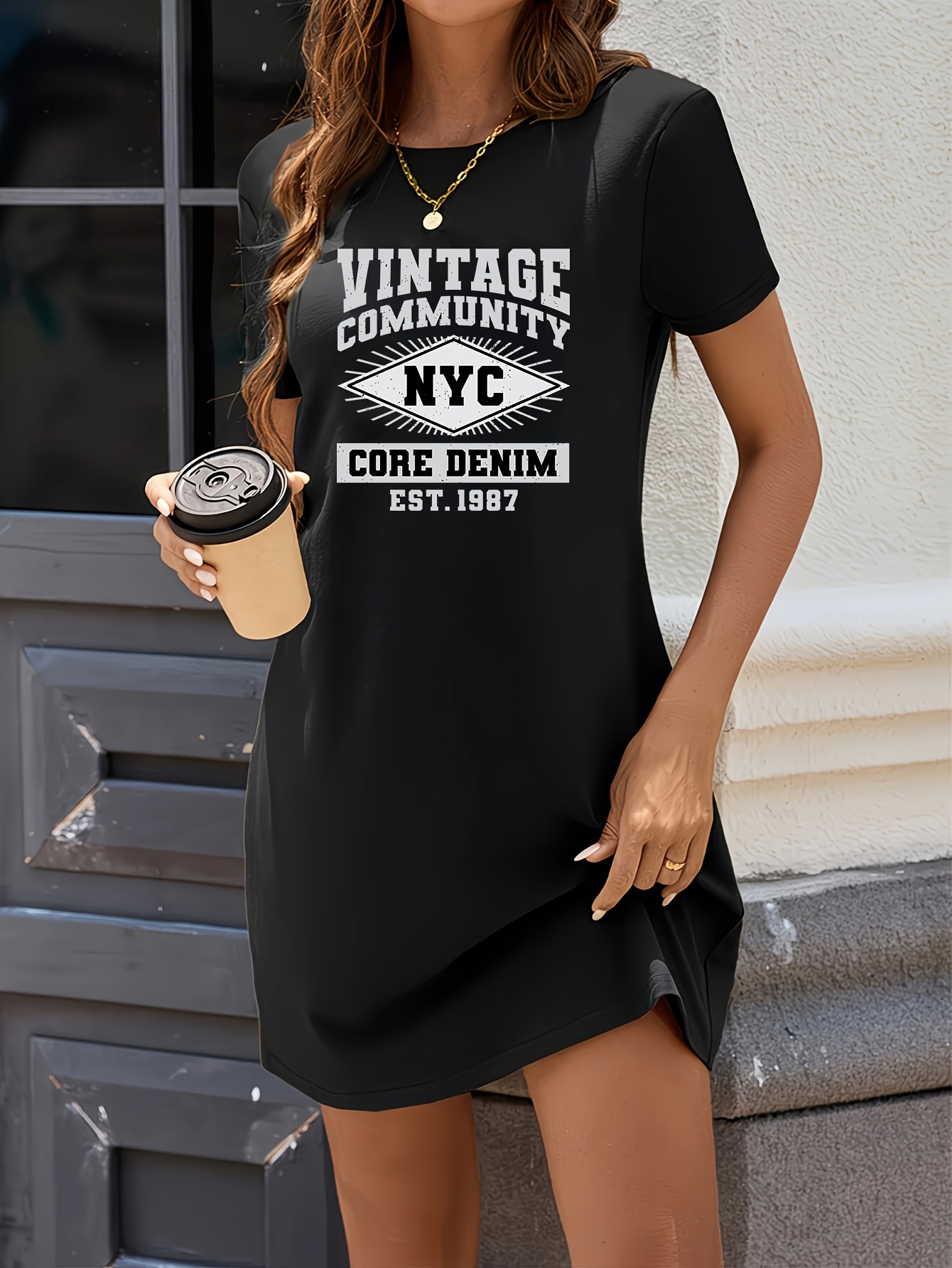 This Dress Features a Round Neck And * Sleeves, Made from * Denim with a  Vintage Bronz Print. It * Pockets, Making It Ideal for Casual Summer Wear  at Home Or *. Its Breathable Fabric Is Perfect for *