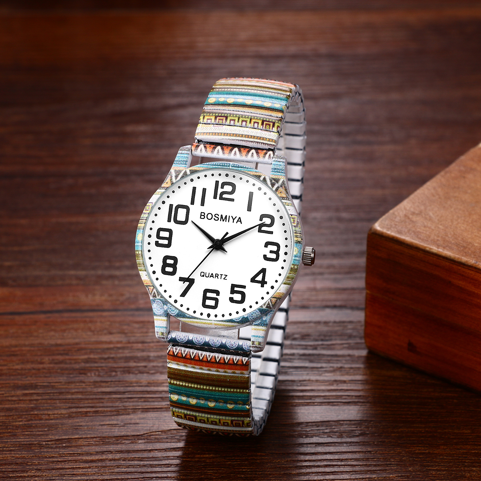 Image of Unisex Bohemian High-definition Easy-to-read Large Digital Elastic Band Watch: Quartz Convenient To Wear Arabic Scale - Printed Decorative Stretch Band Watch