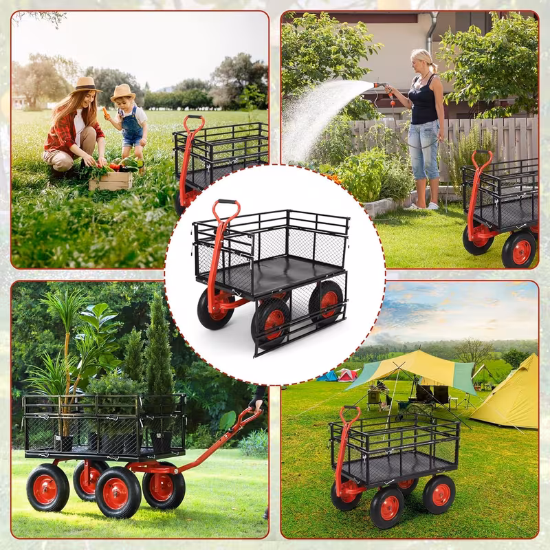 heavy duty garden utility cart metal dump wagon with removable sides and 180 rotating handle yard garden cart on wheels for outdoor Product details 5