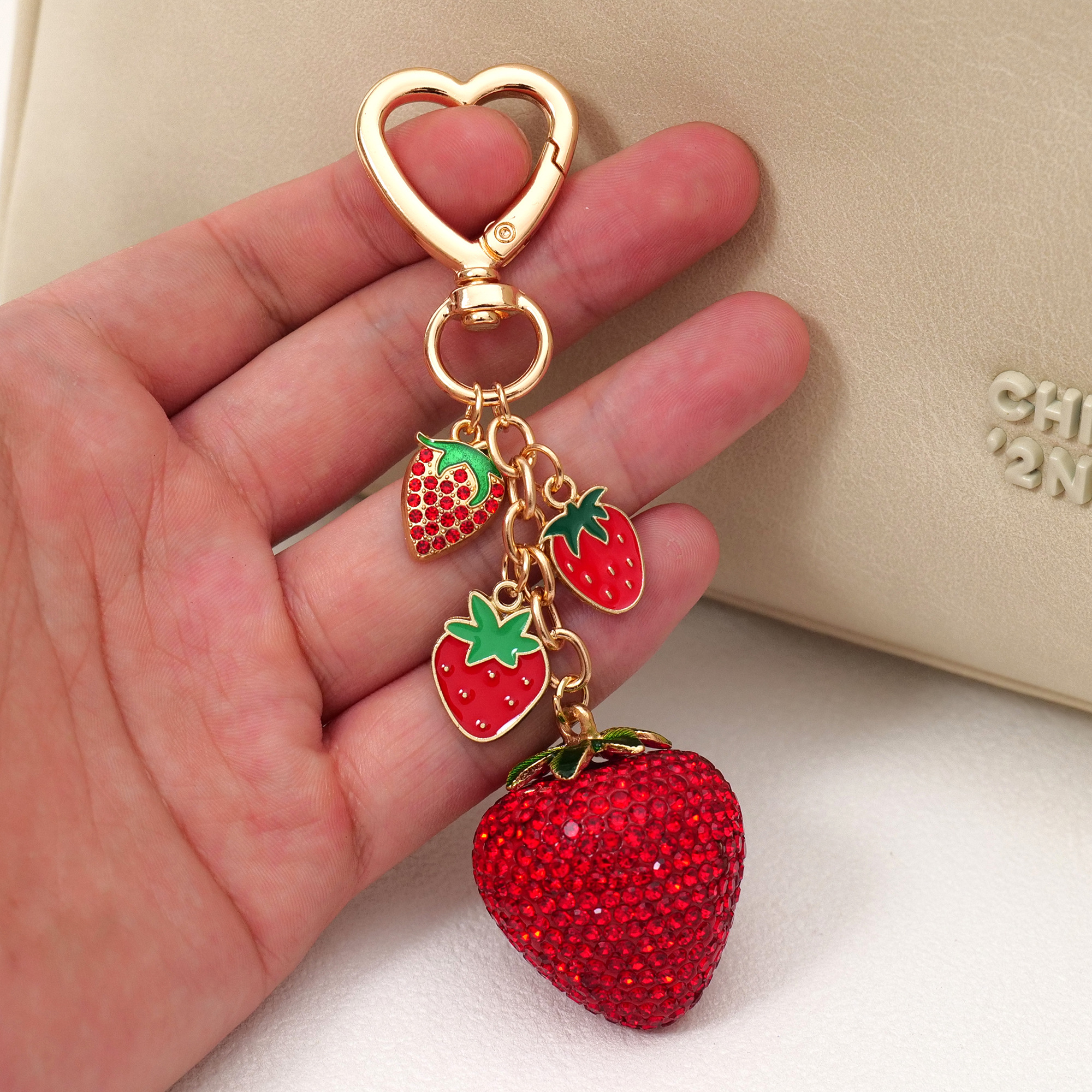 TEMU 1pc Big Size Rhinestone Strawberry Keychain, Rhinestone Strawberry Keychain Charms With 3d Alloy Strawberry Pendant, Heart Shape , Suitable For