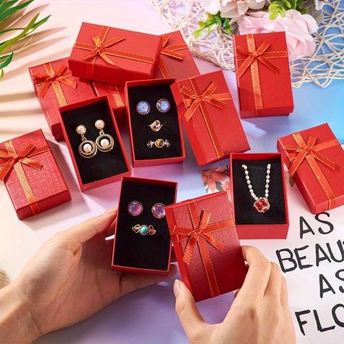 24pcs jewelry paper boxes bulk dark red cardboard rectangle box cases with ribbon bow for birthday wedding earring ring necklace bangle bracelets packaging 3 1 inches