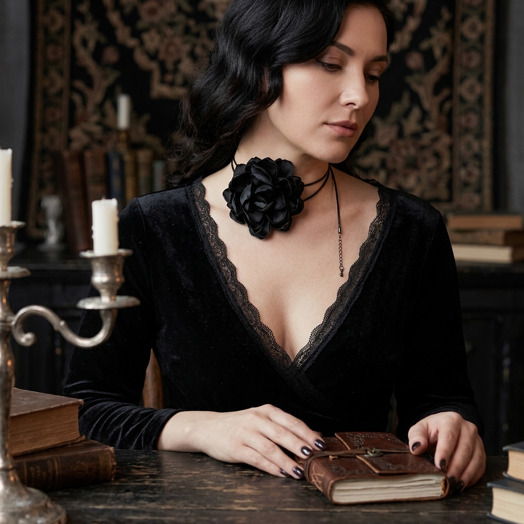 Gothic Y2K Choker Necklace with Black Rose, Adjustable