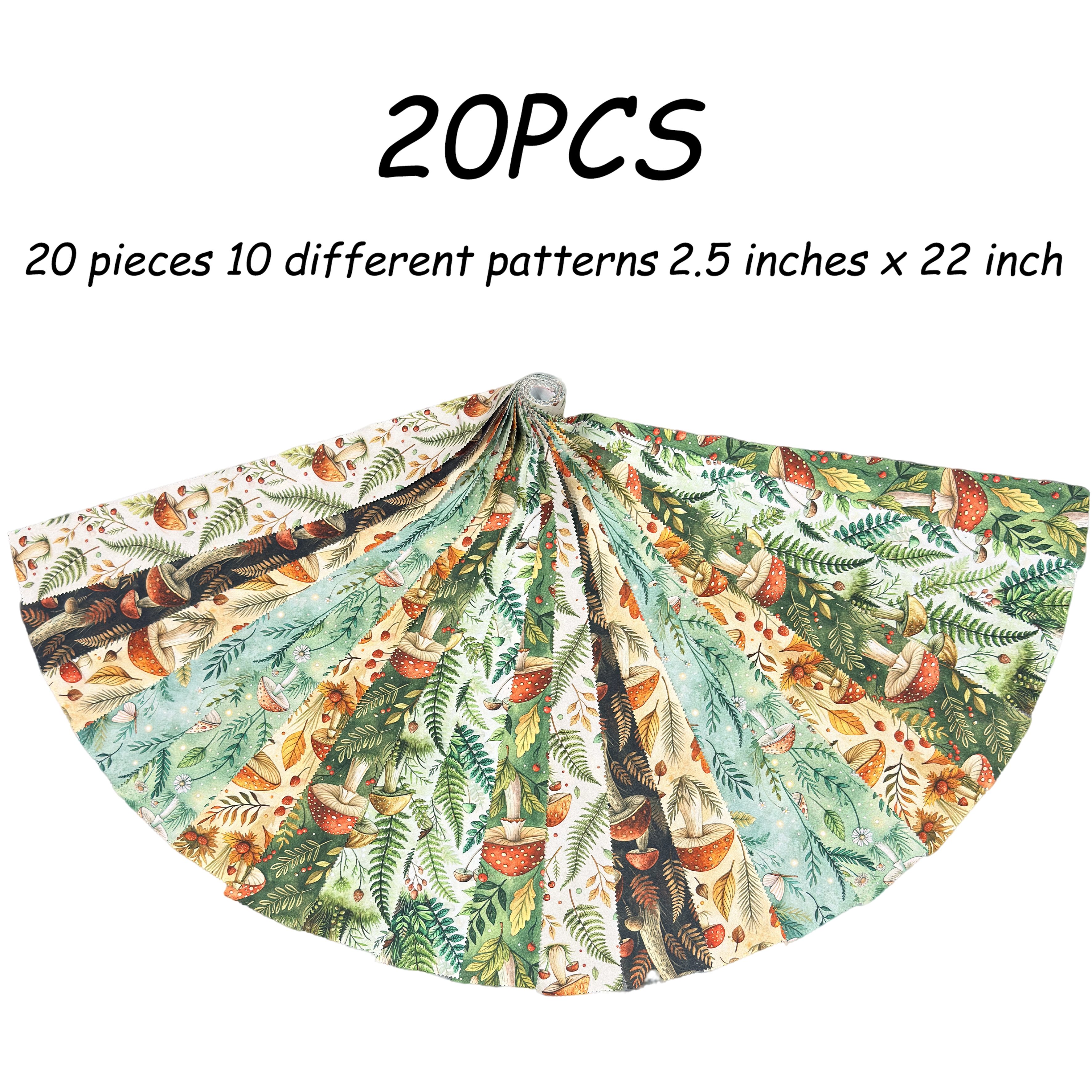 20 kosov žele rola, gozdni vintage gobji vrtni mozaik rola, 2,5" x 22" vnaprej narezana žele rola, vrhunski olivno zeleni pravljični gozdni