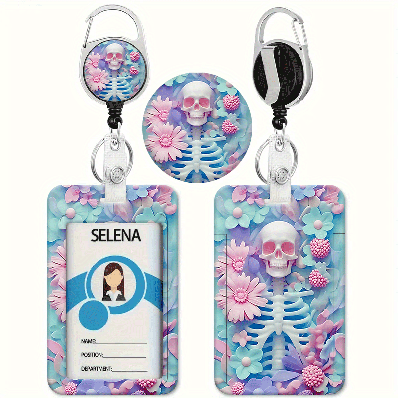 TEMU Skeleton Design Stereo Floral Print Pattern Printed Card Holder Retractable Lanyard - Id And Credit Card Holder, Heavy-duty Id Lanyard Suitable