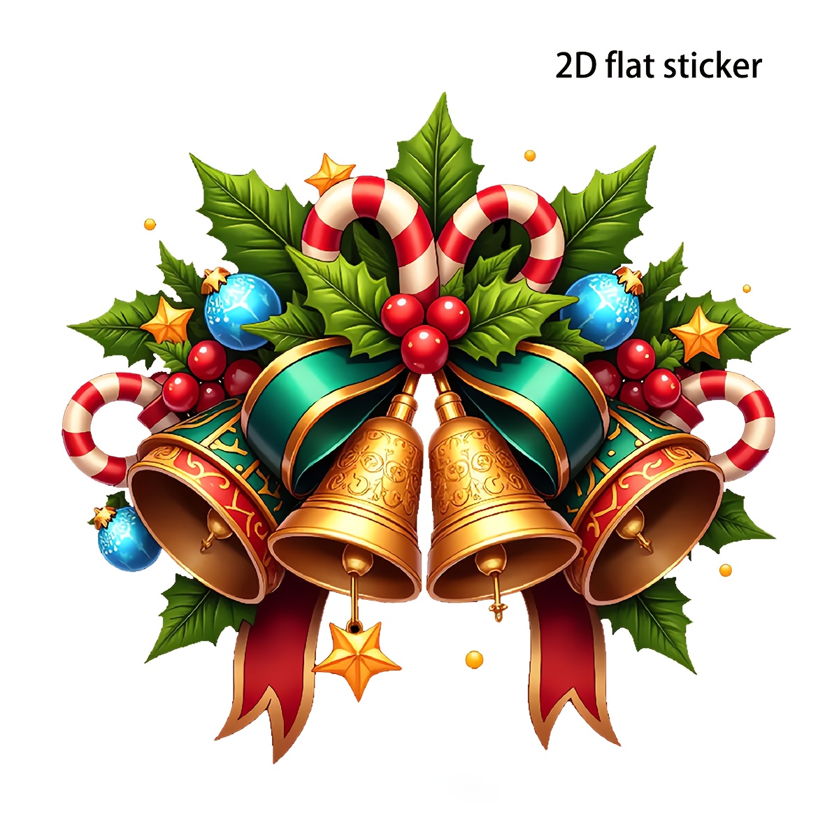 TEMU 2d Flat, 2d -inch Self-adhesive Glossy Vinyl Christmas Bell Stickers - With Holly And Candy Cane Wreath, Red Berries And Golden Bows - Stickers,
