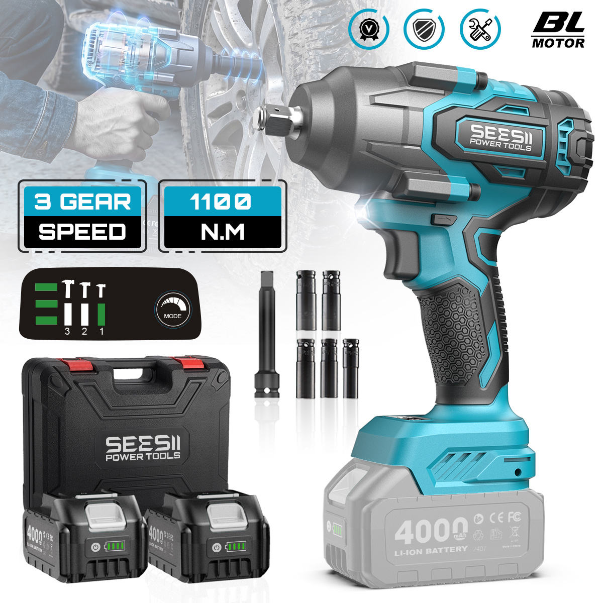 Seesii 21v Brushless Cordless Impact Wrench, 1100n.m High Torque 1/2' Impact Gun With 2×4.0ah Batteries, Variable Speed Electric Impact Driver For Car, Truck & Lawn Mower Repair