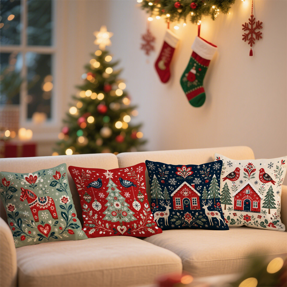 TEMU 4pcs, Home And Kitchen, Bedding, Home Decor, Cushion Covers, Christmas-themed, Festive Swedish , Christmas Tree, Cozy , And Sweet Holiday Birds