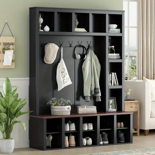 farmhouse hall tree with 6 hooks practical walnut storage bench with adjustable shelves 4in1 entryway shoe cabinet with 13 cubbies for mudroom living room black 76 7h