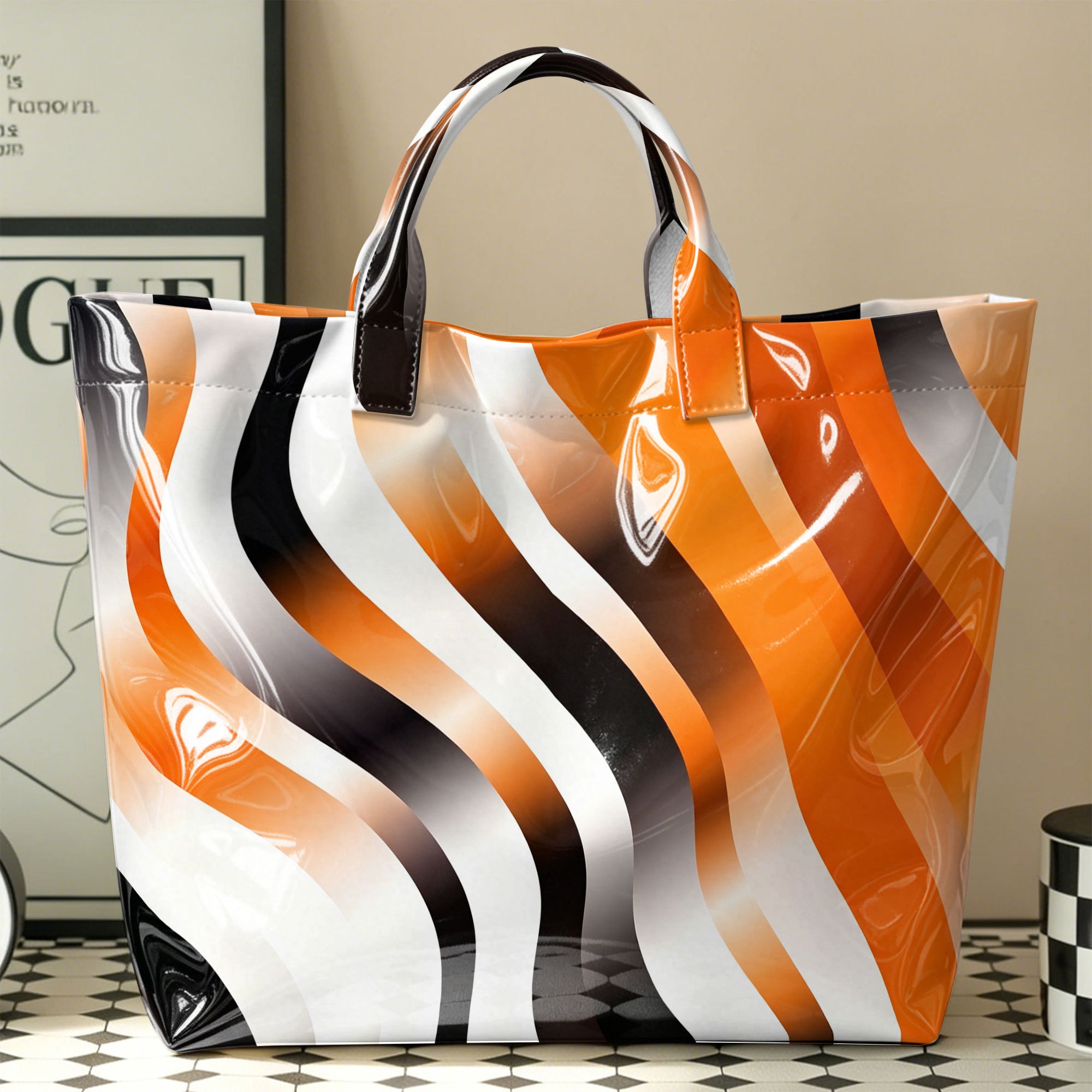 TEMU Wavy Stripe Gradient Print Glossy Tote Bag For Women, Large Capacity Reusable Lightweight Shoulder Bag, Stylish & Durable Carryall For Beach,