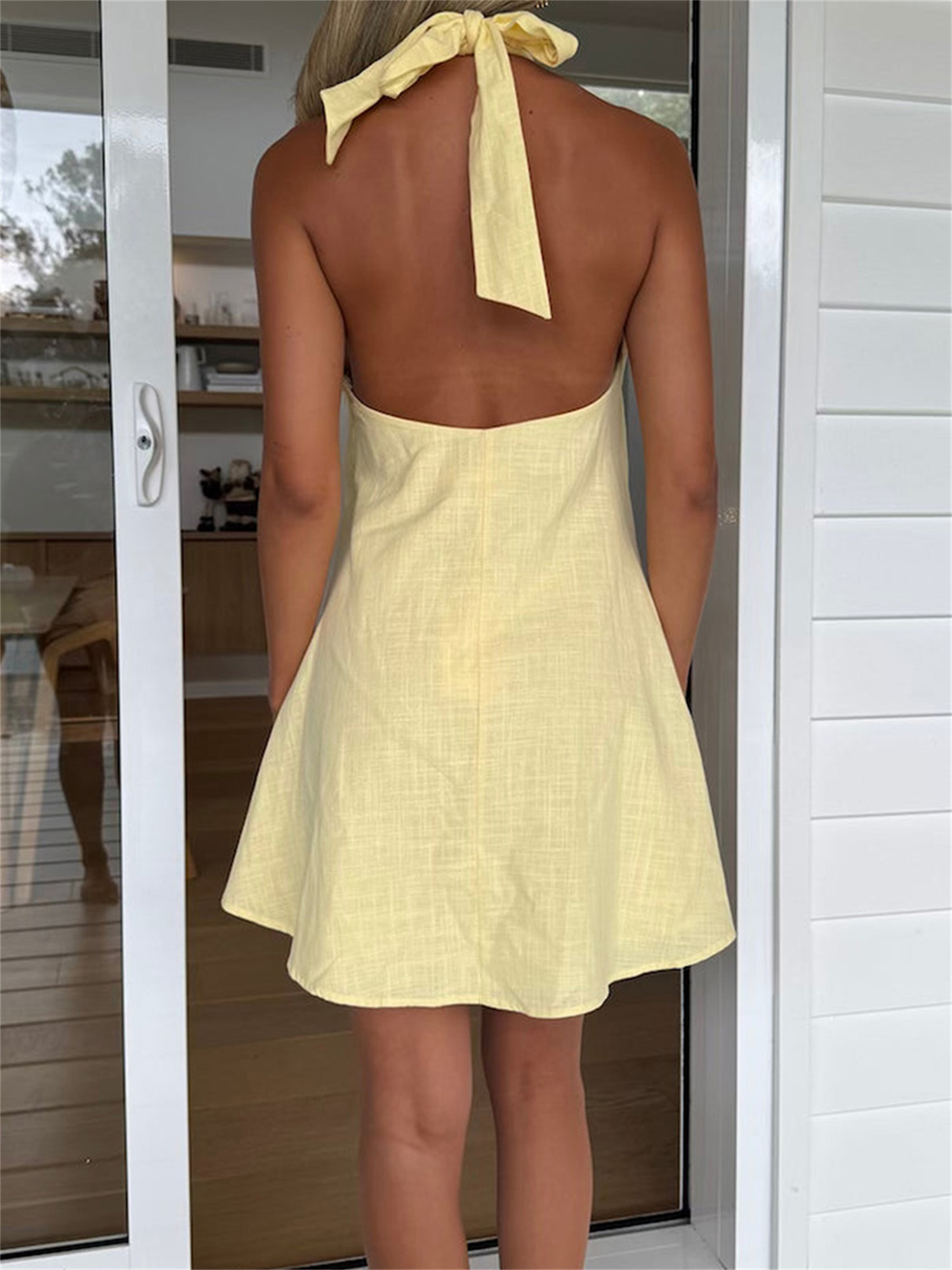 womens boho style mustard yellow halter neck sleeveless open - Temu