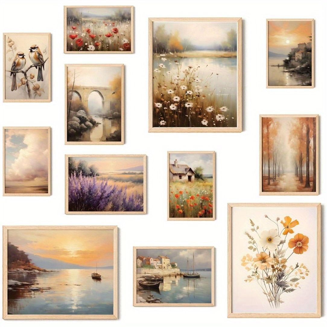 

12-pack Vintage Landscape Art Prints – French & – Pearl Paper Wall Decorations For Home & Bedroom, 8x10 Inch, Waterproof Laminated Surface