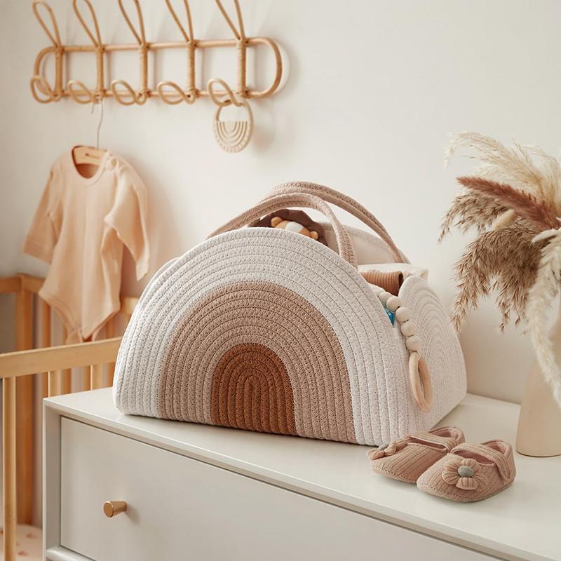 Woven Diaper Basket Large Capacity, Portable Storage Box with Handle, Diaper Storage Basket Rope Weaving, Birthday Gifts, Christening Gifts
