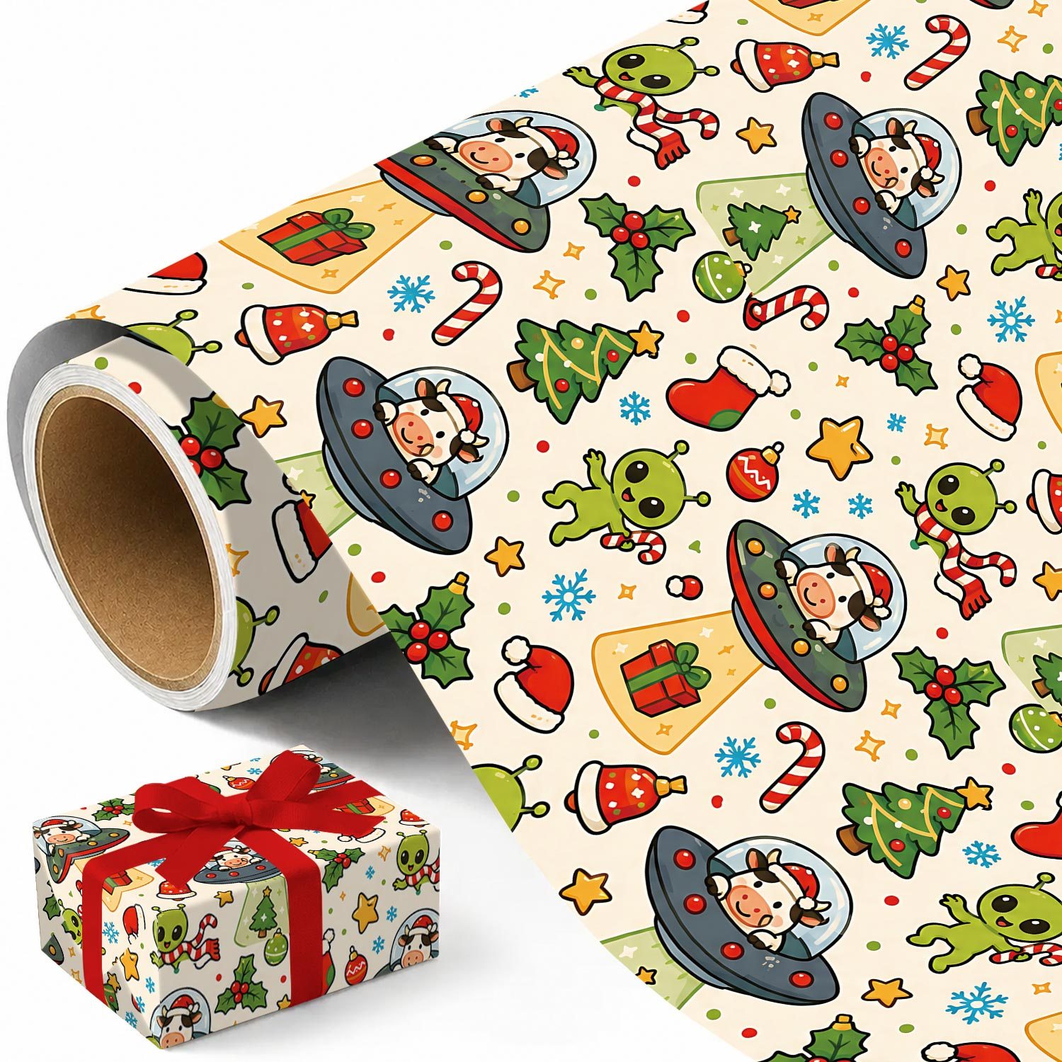 TEMU 1 Roll Ufo Cow Christmas Wrapping Paper - Roll Suitable For Xmas Gifts, With Cows In , Santa Hats, & Holly, Candy Cane Patterns, Multicolor