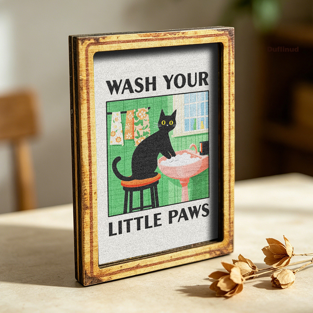 TEMU Cute Black Cat Washing Paws Wooden Fridge Magnet, Mini Decorative Sign, Cat Illustration Design, Cozy Bathroom Background, Fridge Magnet, Home