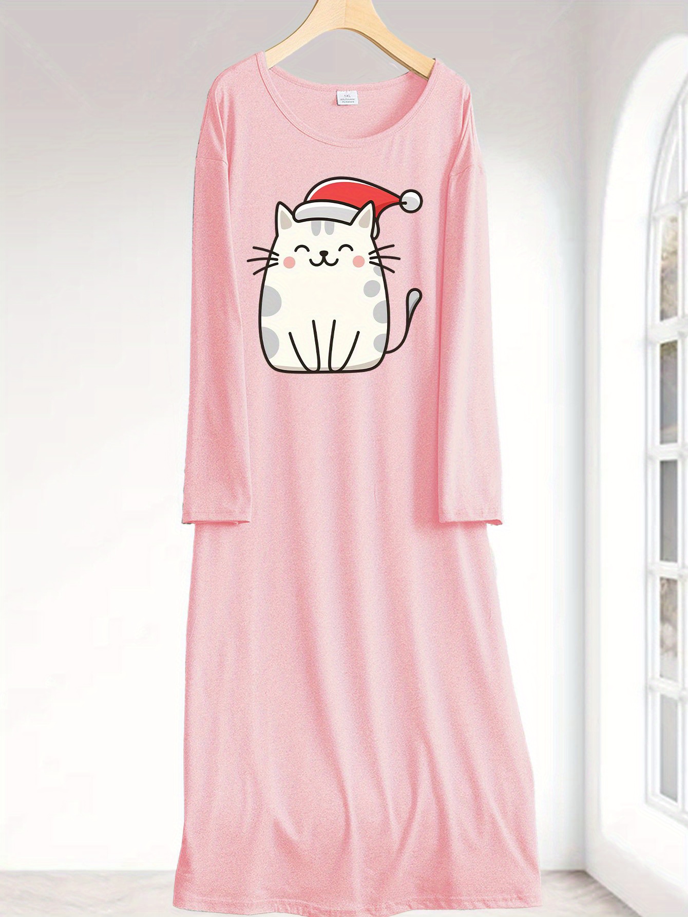 white christmas dresses Gothic Plus Size Christmas Hat Cat Branch Leaf Print Split Pocket A Line Midi Dress White / 2X main image 0