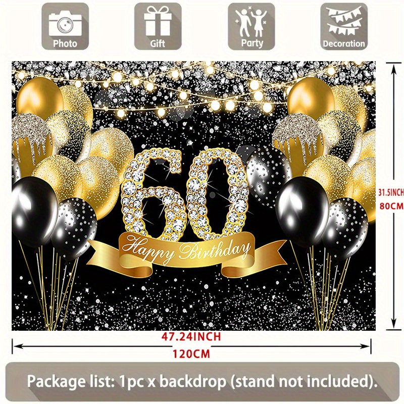 TEMU 2d Flat, 2d Flat Banner, 1pc Happy 60th Birthday Backdrop Black And Golden Birthday Party Decorations Photography Background For Men Womens