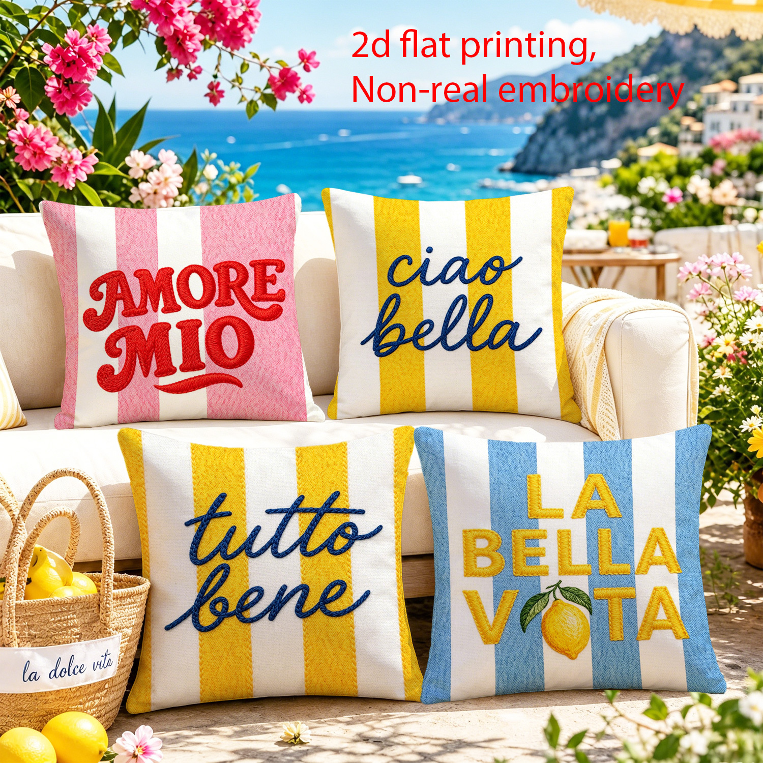 TEMU housses de coussin décoratives à imprimé rayé avec slogan italien, impression 2D plate, thème vacances d'été, design rayé multicolore, 4 housses