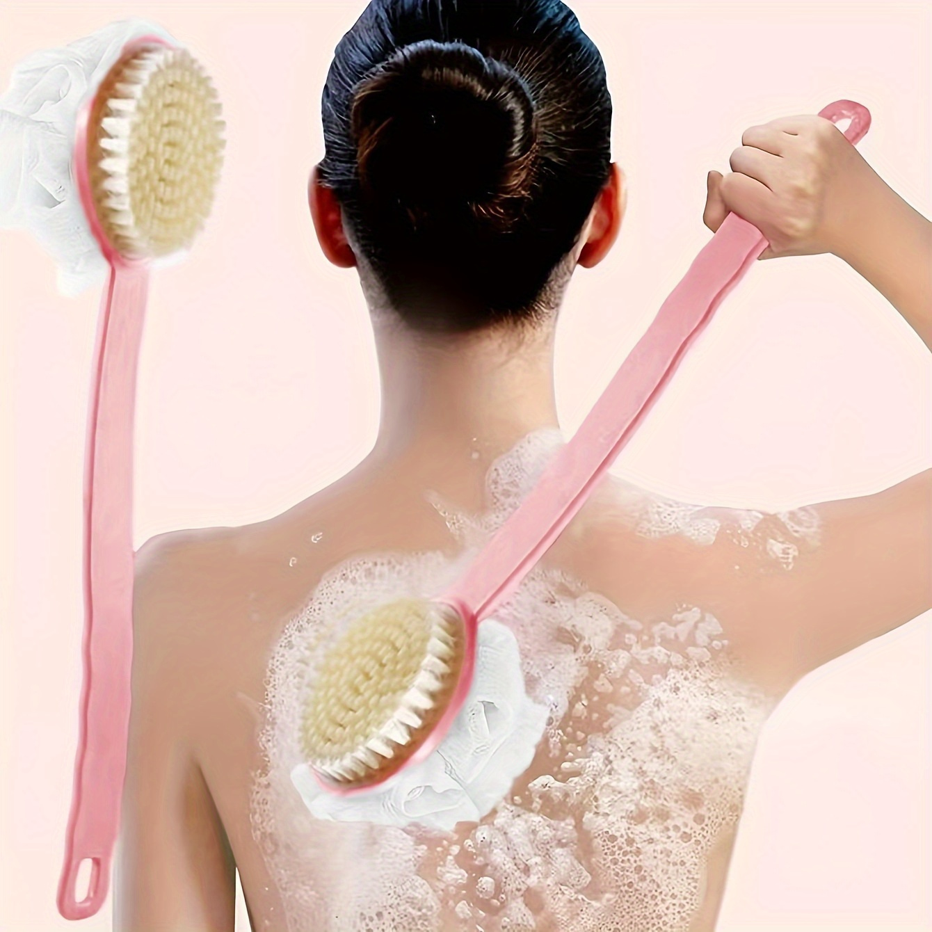 1  bristle long handle japanese bath brush multifunctional dual exfoliating back scrubber with ergonomic grip suitable for showering pink and white bristles   reaching   touch areas exfoliation tool comfortable grip brush Product details 0