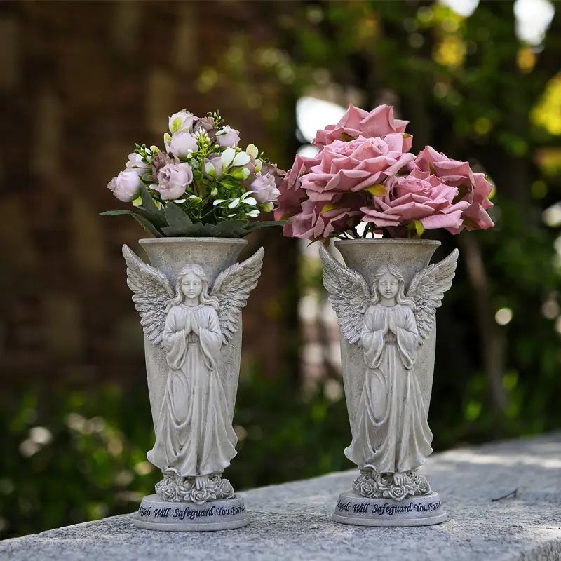praying angel statue suitable for outdoor vintage resin round vase memorial cemetery decor garden angel statue for grave marker remembrance gift