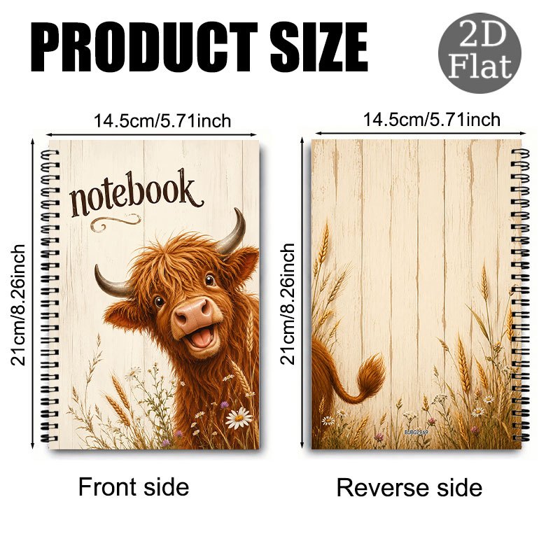 TEMU Warm And Adorable Highland Cow Spiral Notebook With Grain In A Style. Features A Soothing -themed Cover With Illustrations Of Animals, , And