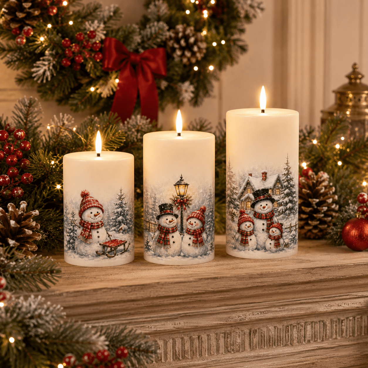 TEMU Candles With Flameless Snowman Christmas Decor Set, 3 Pack 4/5/6 Inch Winter Snow Scene Print, Warm Flickering Glow Battery Operated Holiday