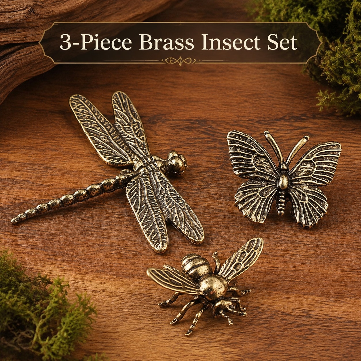 TEMU 3-delige Vintage Messing Insecten Ornament Set, Vintage Libelle Vlinder Bij Beeldjes, Miniatuur Metalen Decoratie voor Thuis Kantoor Bureau