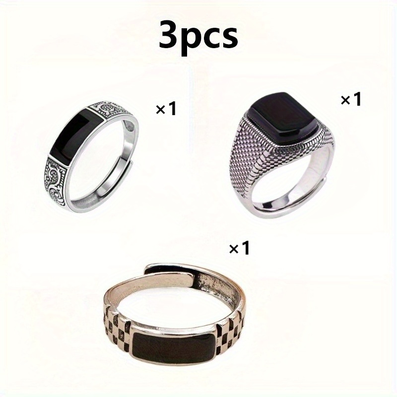 TEMU 3pcs Adjustable Wide Band Rings For Men And Women, Vintage Ring, Checkered Fashion Ring, Easy Design Ring Jewelry Set
