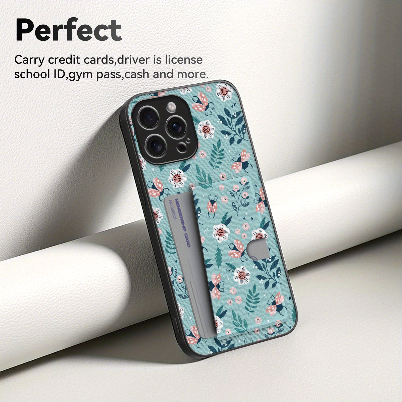 TEMU Portable Card-insert Phone Case, Holder Phone Case, Peach Floral Pattern, Made Of High-quality Leather, Compatible With Iphone
