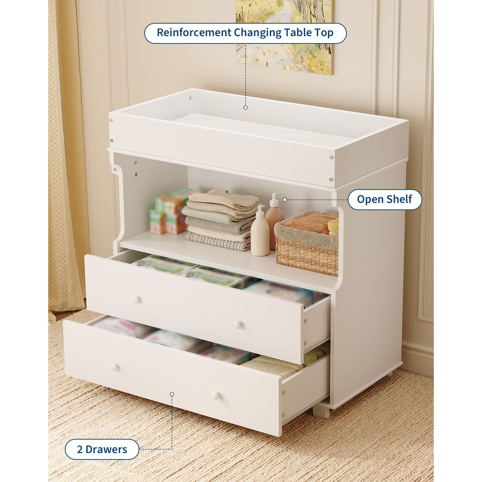 Baby Changing Table Dresser with 2 Drawers & Open Shelf - Modern White Nursery Dresser, Diaper Changing Station with Lock-Free Design, Non-Wood Durable, Easy Assembly for Kids Room, Nursery, Baby Room Storage Organizer