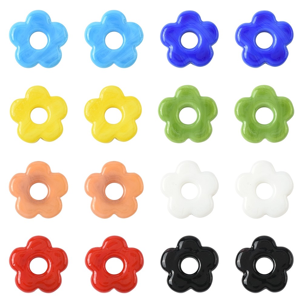 TEMU Lot de 16 perles de verre lampwork faites à en 8 couleurs, de fleur, trou de perle, pour la fabrication de bijoux DIY, pour bracelets, ,
