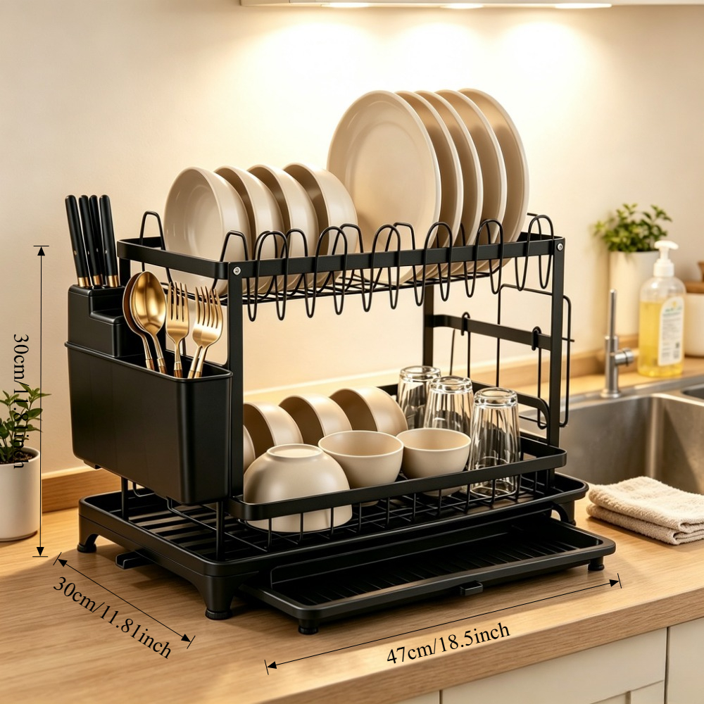 TEMU 2-tier Detachable Countertop Dish Drying Rack, 360° Rotatable Telescopic Drain Tray, Fitted With A Removable Utensil Holder And Chopping Board