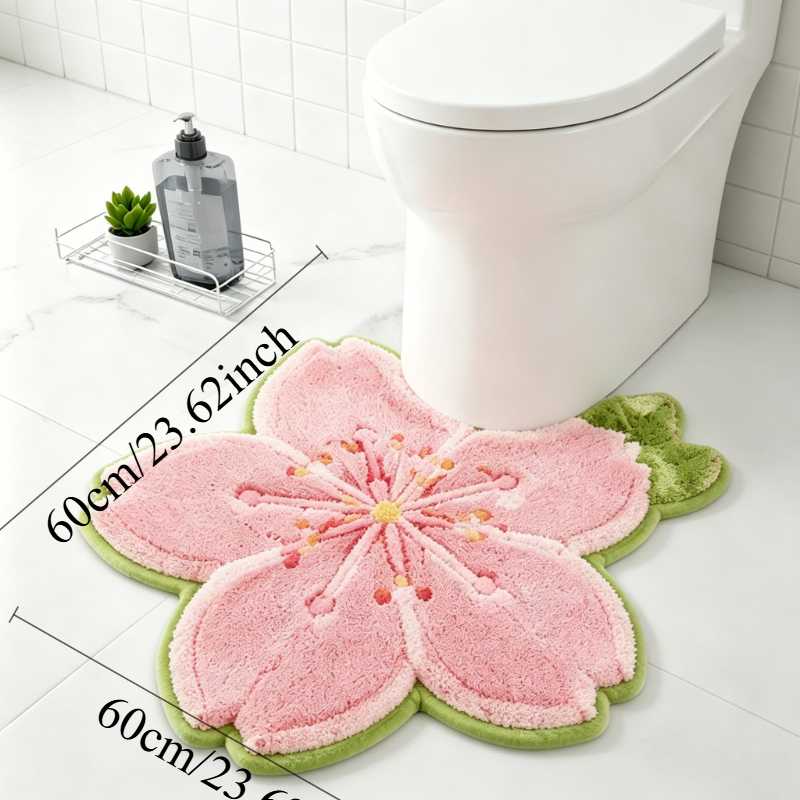 TEMU 【手作り】桜柄トイレマット、ふわふわ吸水ノンスリップ花柄バスマット、可愛い不規則な花柄デコレーションバスパッド（トイレエリア、バスルーム、玄関用）
