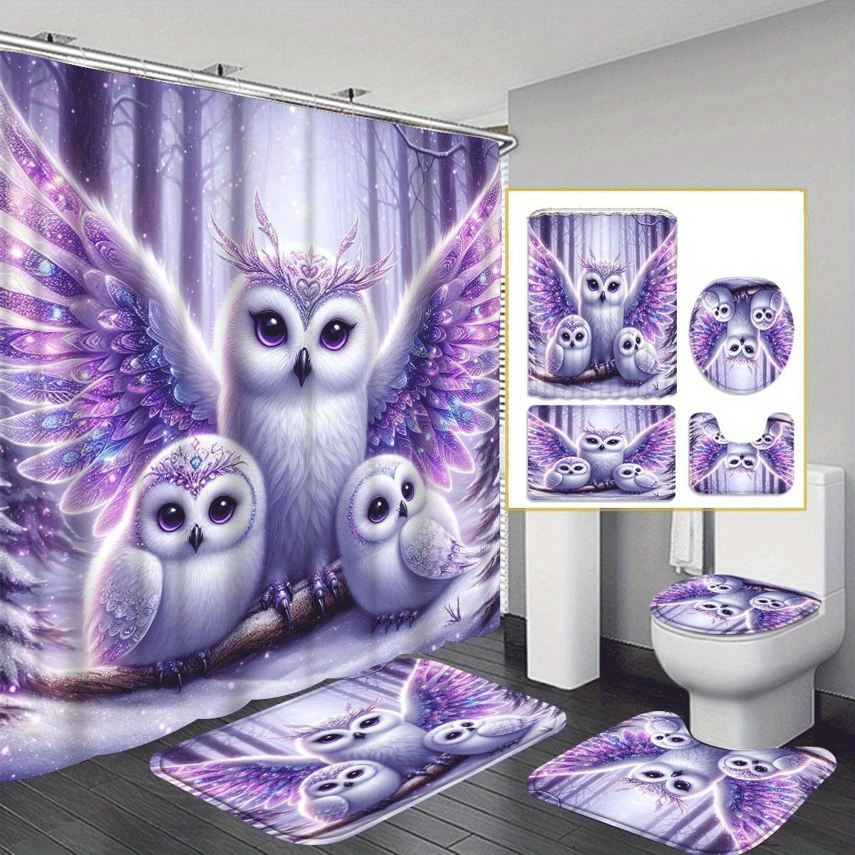 

Christmas Owl 1/4pcs Shower Curtain Set, Bathroom Decoration, Shower Curtain Set 12 , Bathroom Rug, U-shaped Mat, , For