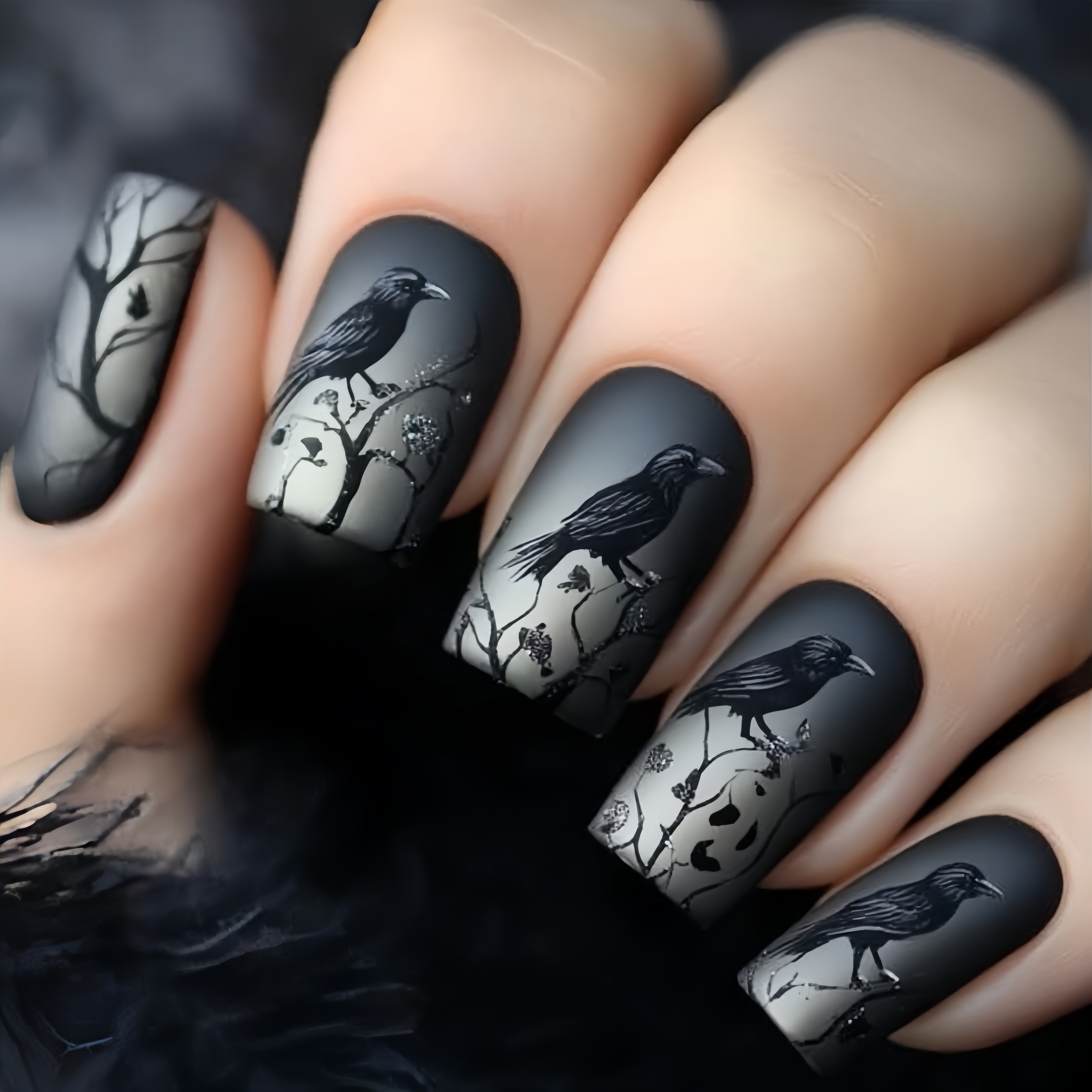24pcs Crow Branch Design Nails, Black Ombre Press-on Nails For Women, Detachable Fake Nails, Suitable For Daily Use, Dates, And Parties