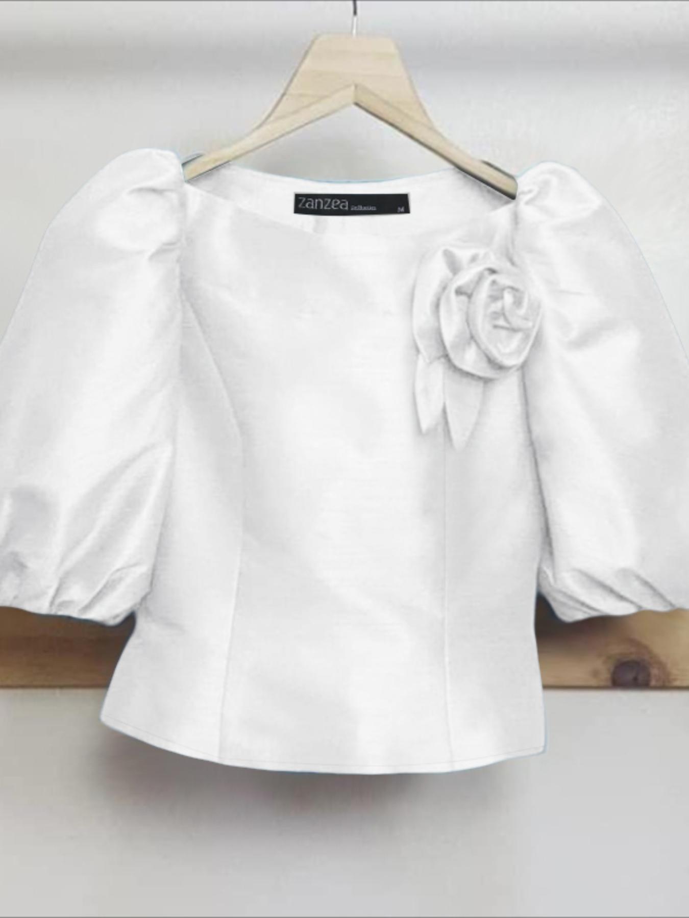 women elegant blouse puff half sleeve boat neck solid color shirts lightweight floral decor casual daily tops