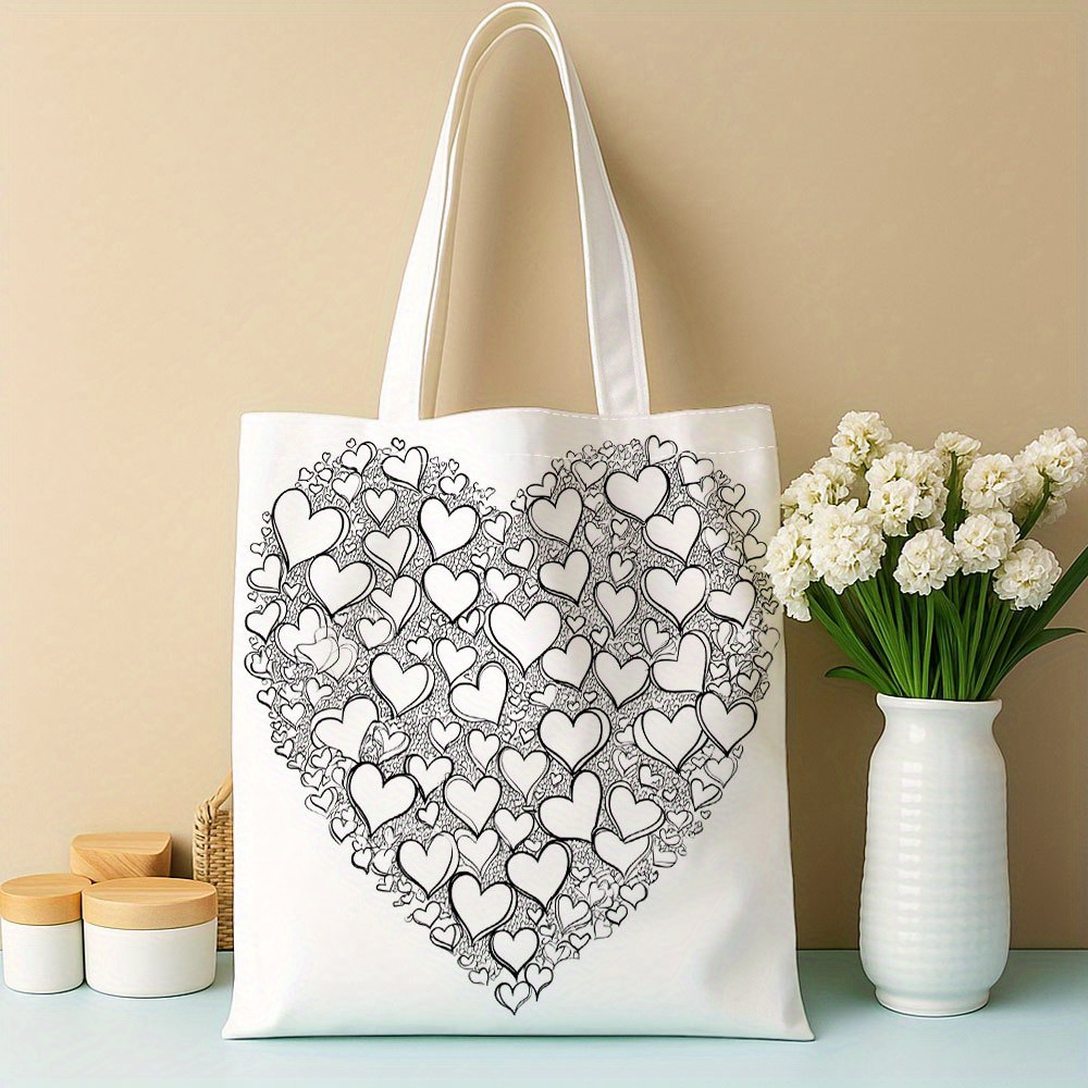 TEMU Widding Coloring Page Featuring A Heart Of Smaller Hearts. Design For A Double-sided Printed Tote With A Flat Bottom, Offering Extra Storage.