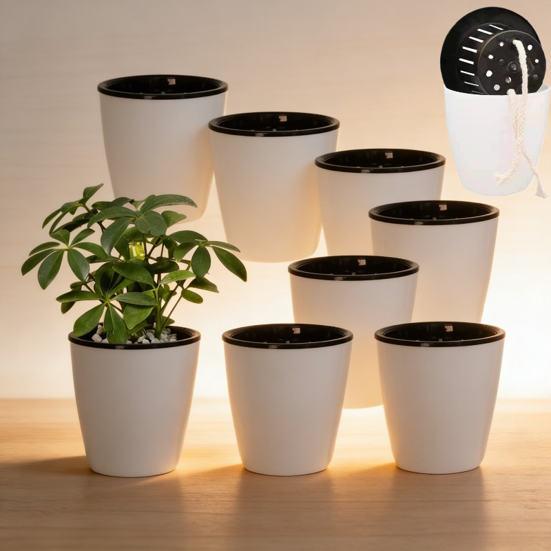 TEMU Lot de 8 jardinières à arrosage automatique avec pot intérieur amovible, pots de fleurs en plastique blanc, contenants décoratifs à faible