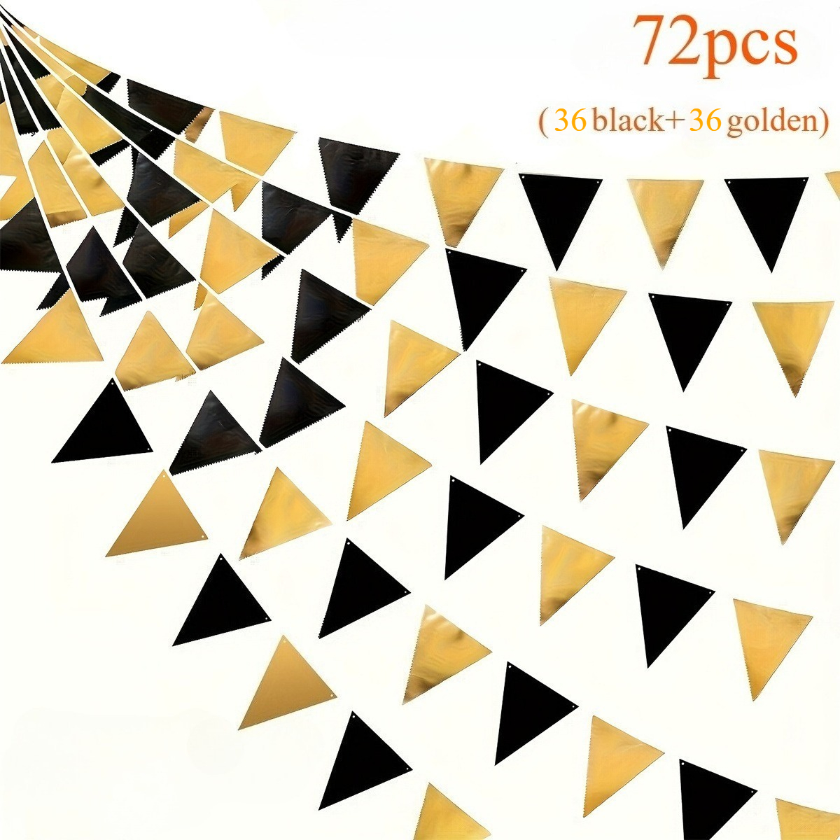 TEMU 72 piezas de banderines triangulares de lámina dorada para pancarta de , decoraciones de papel para fiestas, 36 negros + 36 dorados, combinación