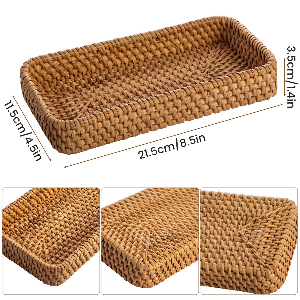 2 Hand-Woven Rattan Bathroom Storage Trays, Multi-Functional Entryway Tabletop Key and Sundries Decorative Tray, Toilet Tank Decorative Basket for Storing Keys, Vanity Items, Candles, Ornaments, Perfume, and Long Hand Towels, Exquisite Home Storage