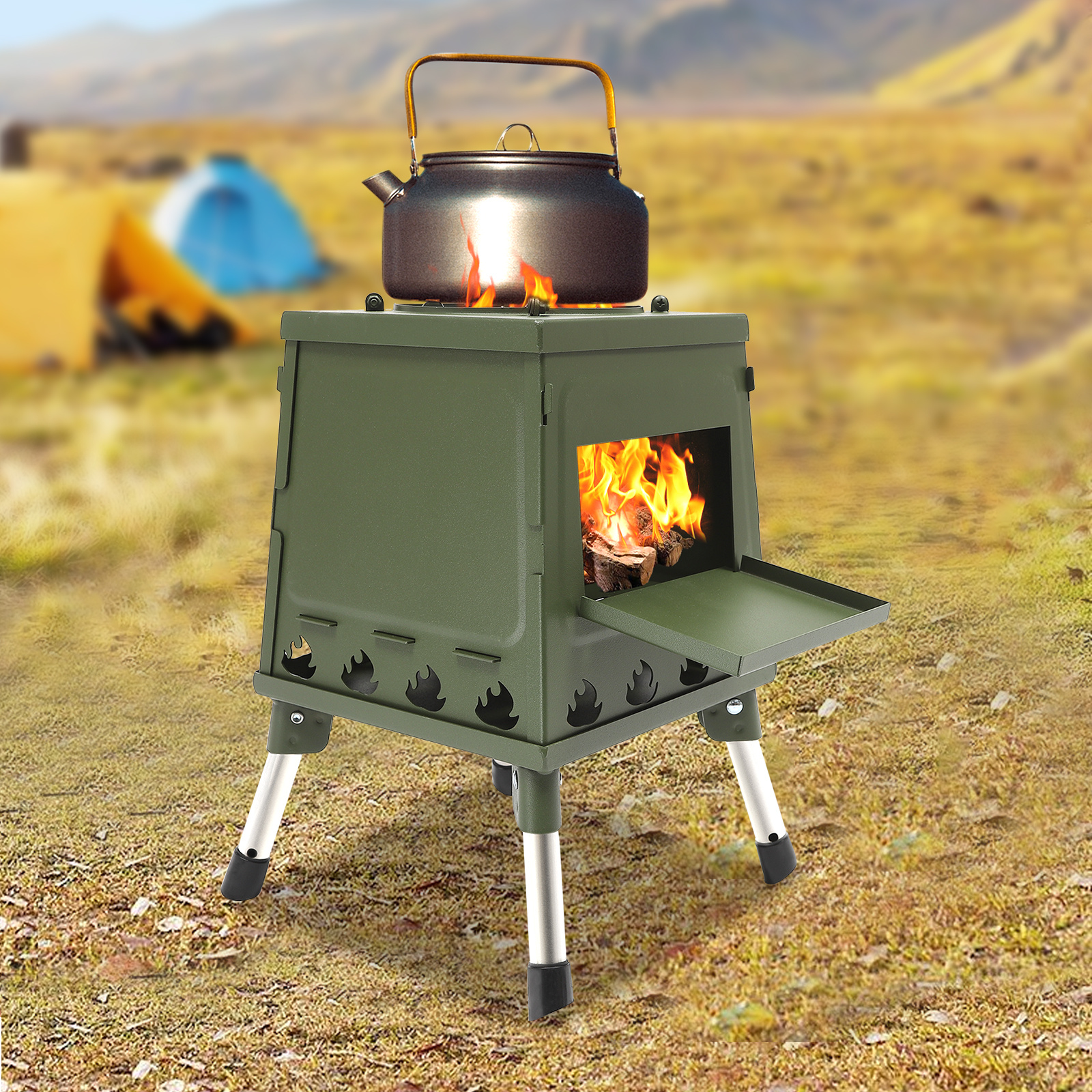 Réchaud de tente Netonic - Zwart - Réchaud de camping - Pliable - Poêle à bois - Acier