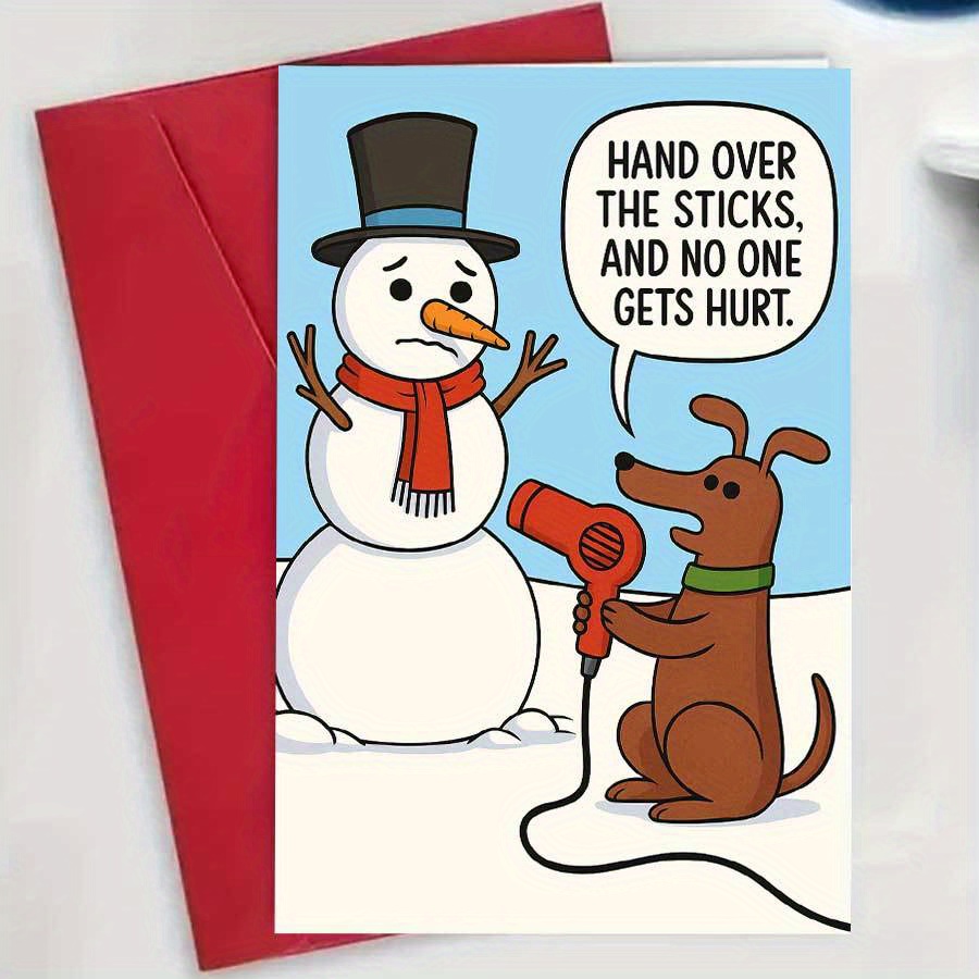 TEMU 1 carte de Noël humoristique, représentant un chien menaçant un de neige qui essaie de lui son , parfaite pour des animaux et un cadeau , idéale