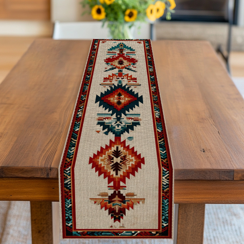 TEMU 1 pièce Nappe de Table Rustique Adaptée , , - Motif Géométrique et Tribal Style Occidental, Décoration de Table en Tissu Durable avec Charme