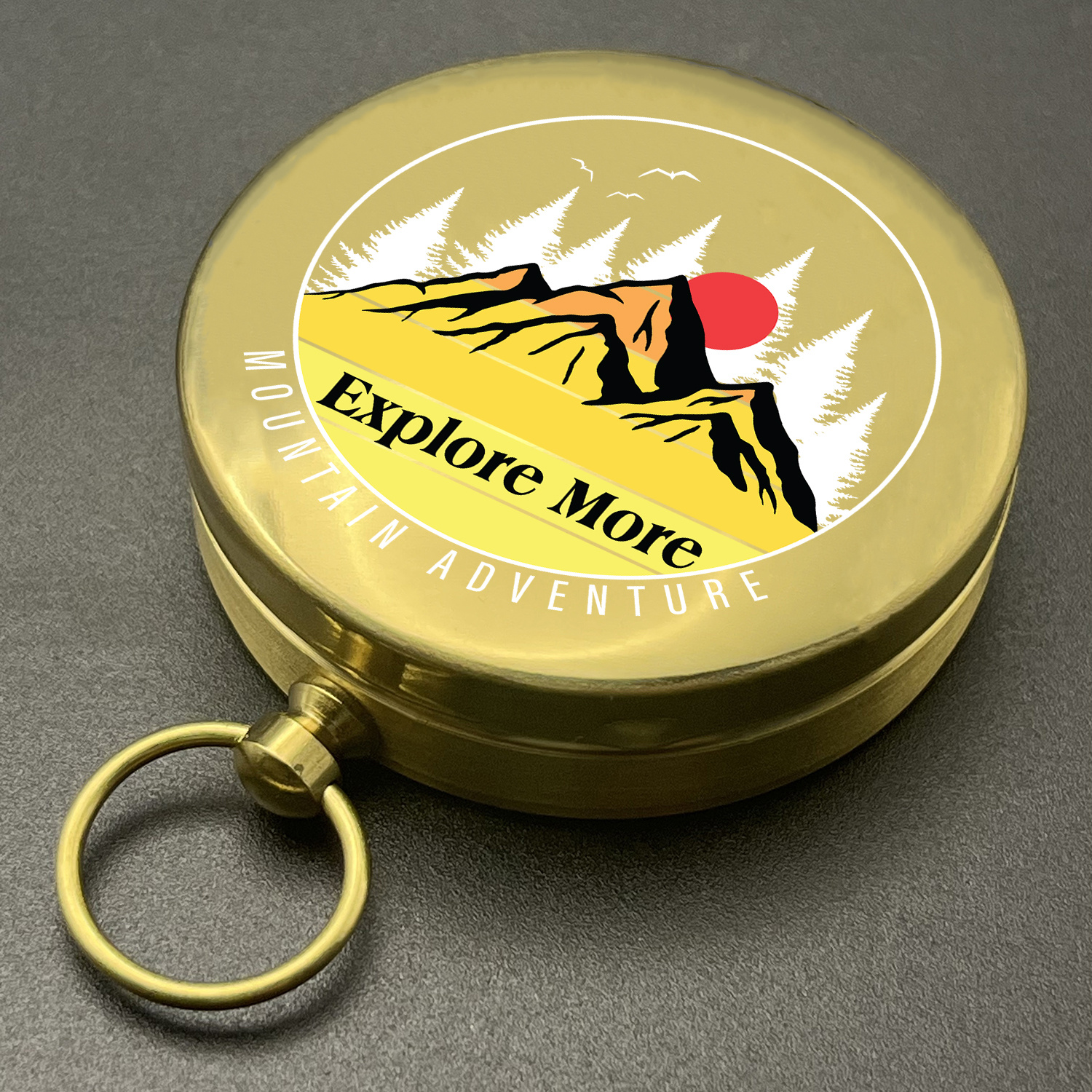 Pocket Compass with Mountain Adventure Print