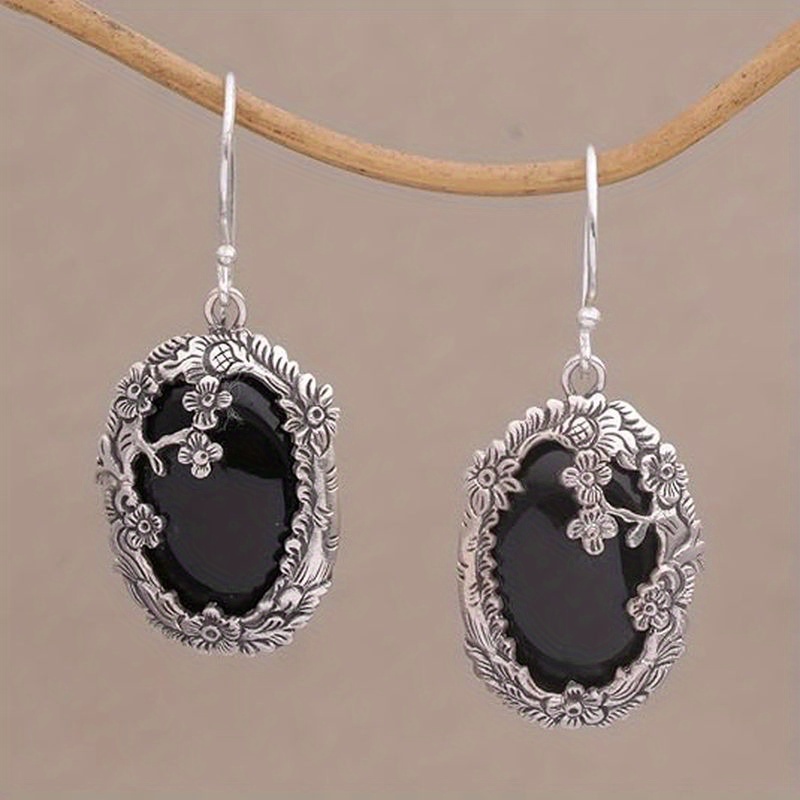 TEMU 1 Pair Vintage Bohemian Oval Black Artificial Gemstone Flower Pendant Earrings, Elegant Retro Style, Alloy Material, Ideal For Daily Wear &