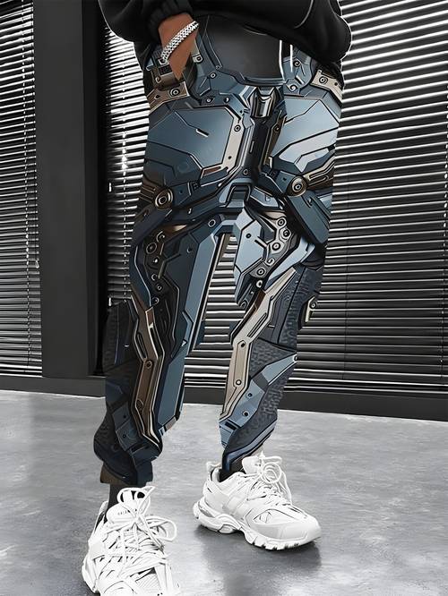 mens fashionable printed joggers in dark blue with mecha chestplate precision metal structure blue and golden color scheme featuring drawstring and pockets stylish casual and comfortable stretch polyester fiber sports pants