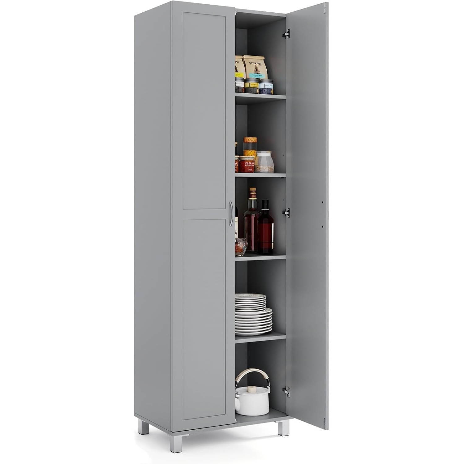 Image of Buffet Cabinet, Freestanding Pantry Cabinet With Adjustable Shelf And Anti-tilt Design, Modern Utility Storage Organizer For Living Room, Gray