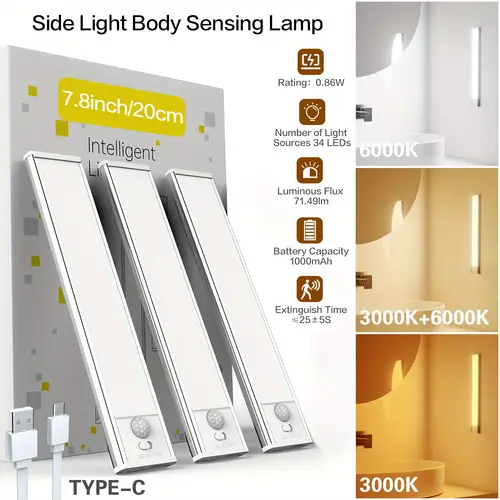 2 4pcs cabinet lights with 34 54 leds 20cm 30cm motion sensor usb rechargeable magnetic strip install 3 adjustable temperature and brightness aluminum decoration suit for kitchen closet wardrobe bookshelf stairs