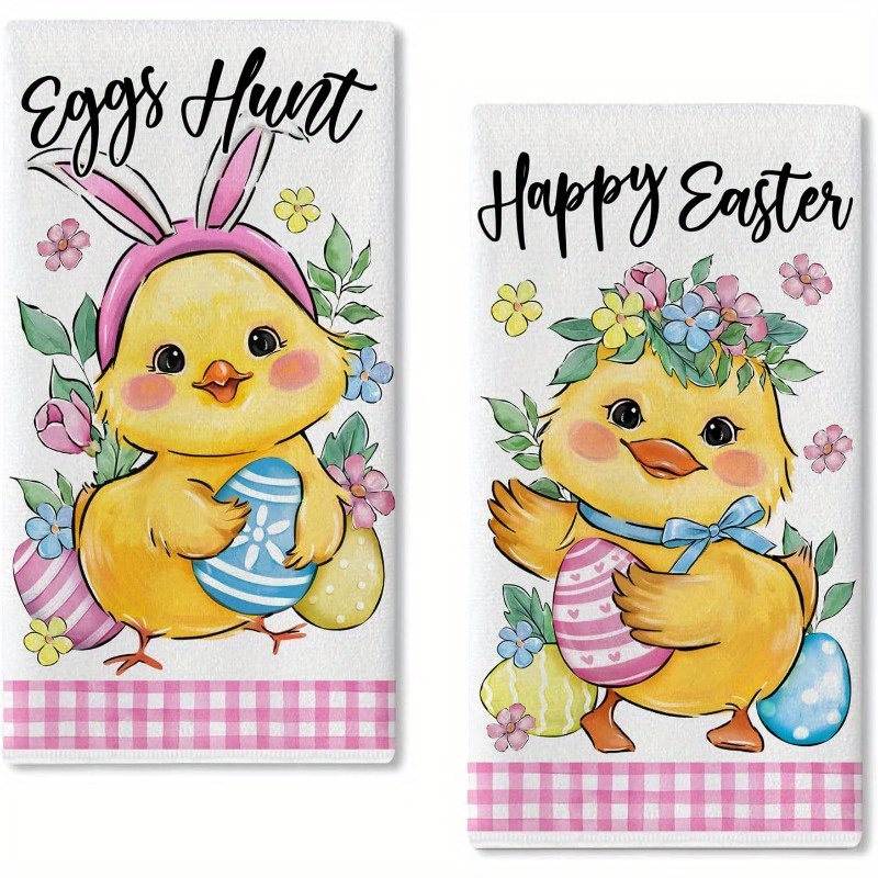 

2-pack Easter Dish Towels - Polyester Kitchen Towels, Chick & Design Towels For Drying, Baking & Cooking - Machine Washable Decorative Towels For Farmhouse Home Decor