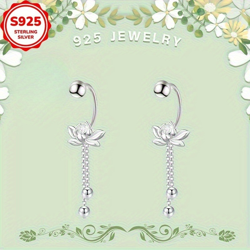 pair of elegant s925 sterling silver for lotus tassel earrings retro   hypoallergenic   daily wear and   Product details 2