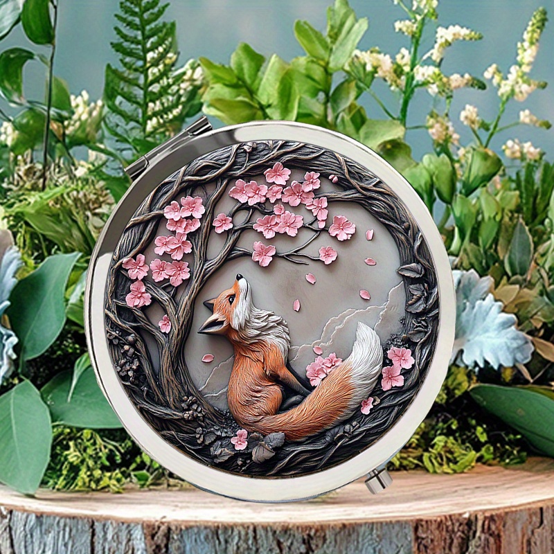 TEMU Specchietto da Trucco Volpe dei Animati & Fiori di Ciliegio in - Specchio Compattato Portatile in Vetro Lucido per Matrimoni, Speciali, Regalo